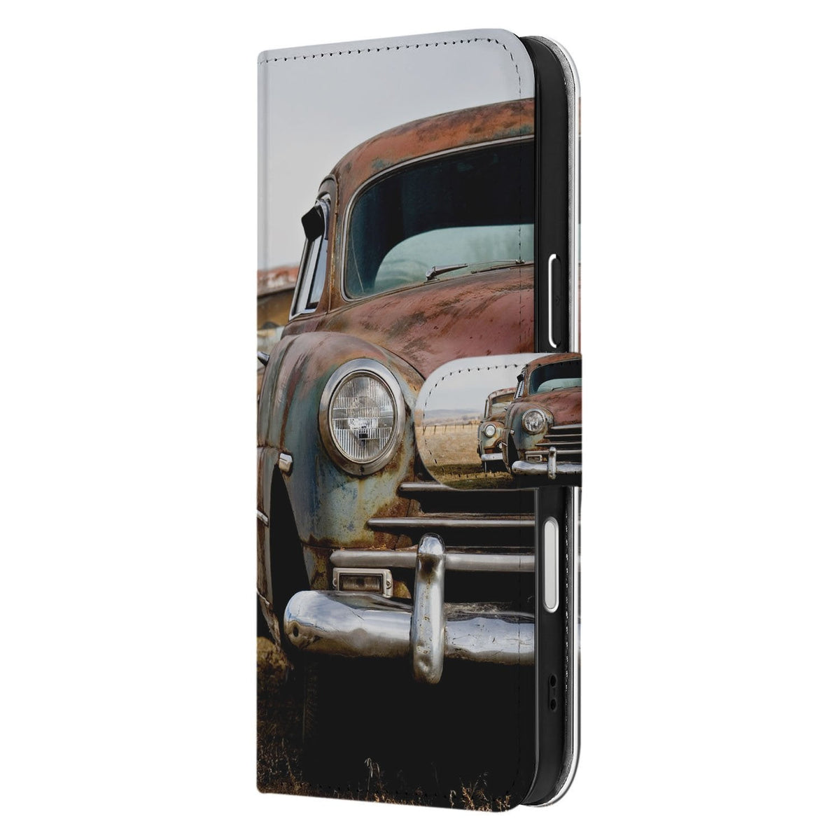 De zijkant van het dichtgeklapte Vintage Auto hoesje voor de iPhone 18 Pro Max