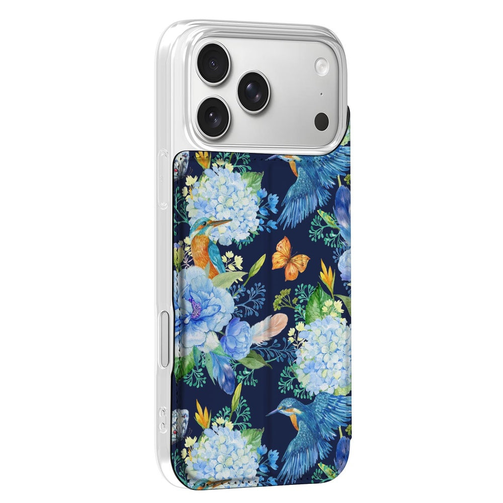 Book Case Apple iPhone 18 Pro Max IJsvogel design bloemen blauw zijaanzicht