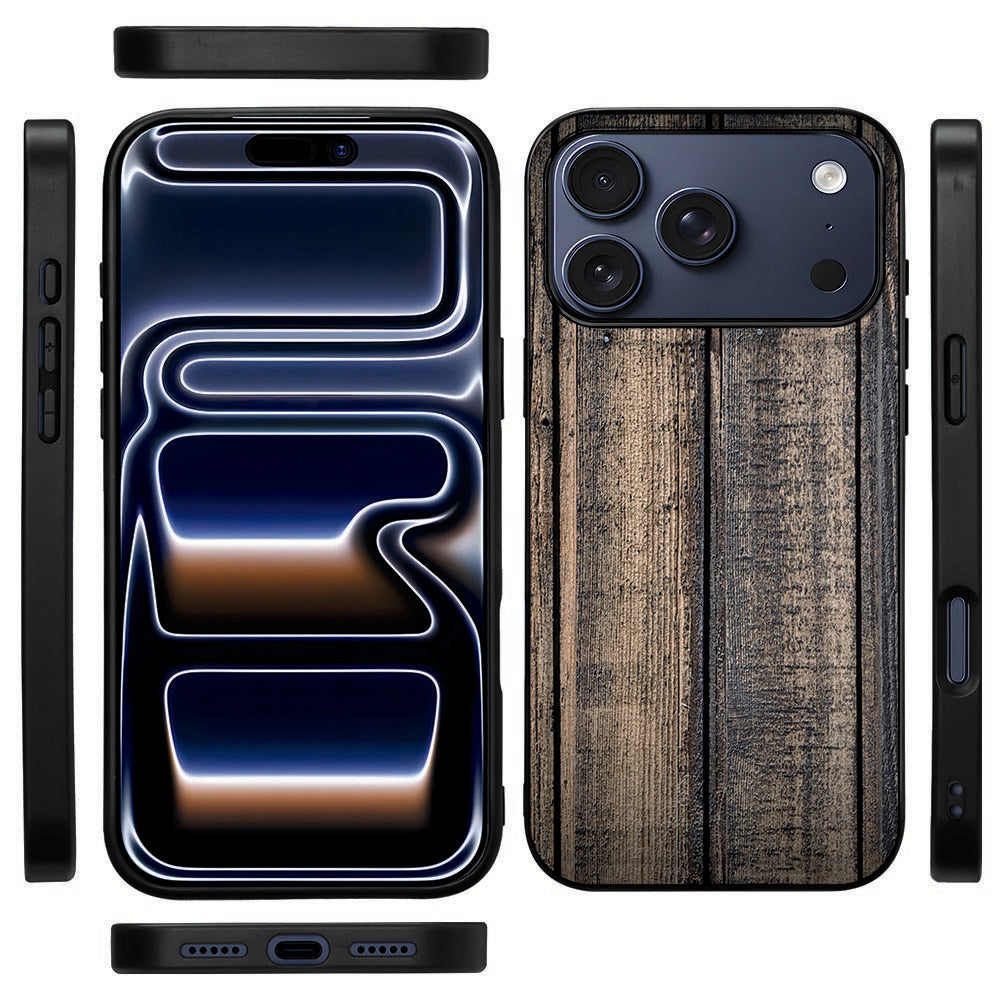 Zwarte TPU-rand van het Steigerhout telefoonhoesje voor iPhone 18 Pro Max vanaf de zijkant