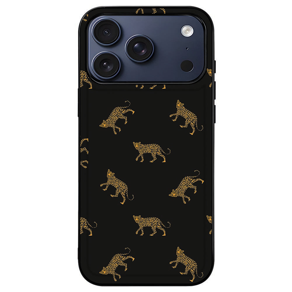 Leopards hoesje om een iPhone 18 Pro Max, zwarte rand als lijst om de print