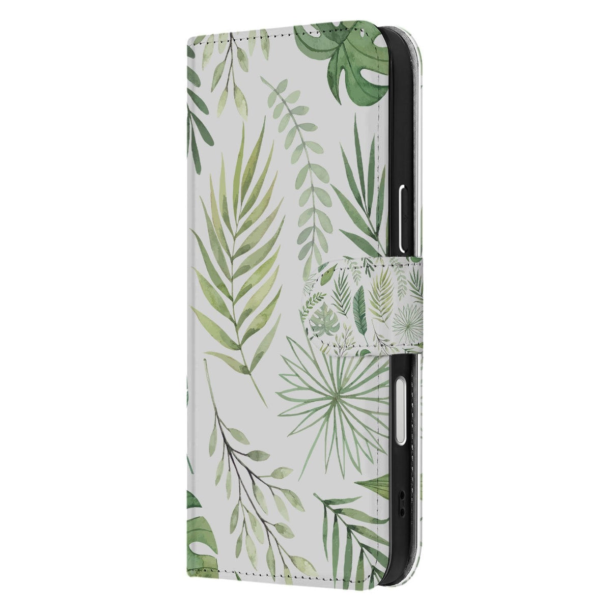 Leaves hoesje om de iPhone 18 Pro Max vanaf de zijkant, met de flap dicht