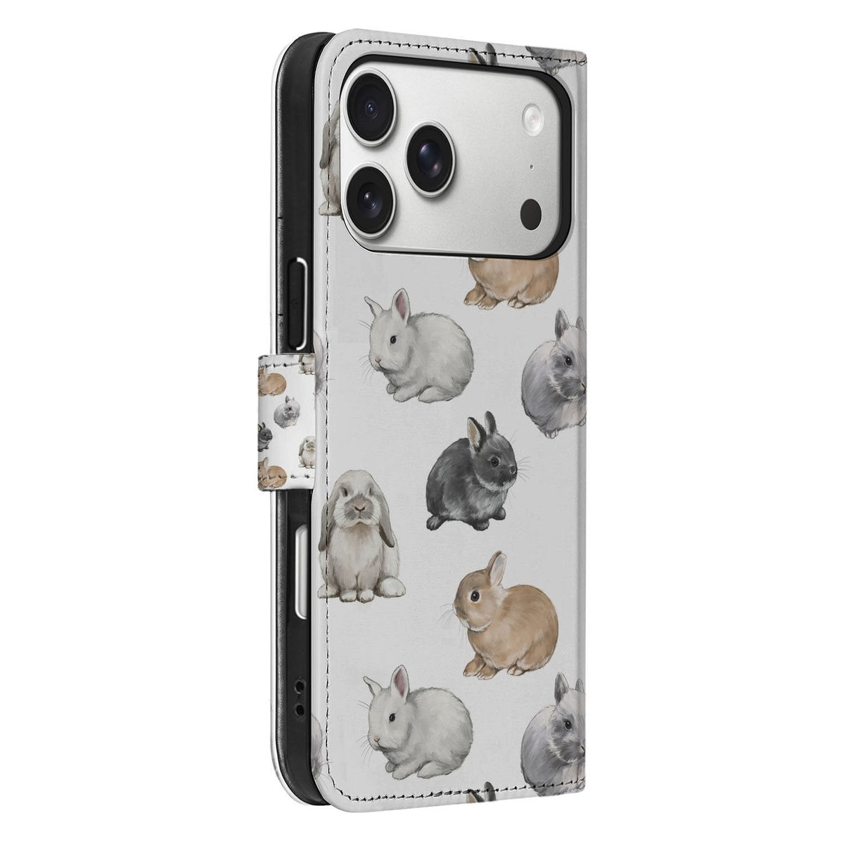 Van opzij: het kunstleren Konijntjes-hoesje met de iPhone 18 Pro Max in de zwarte houder