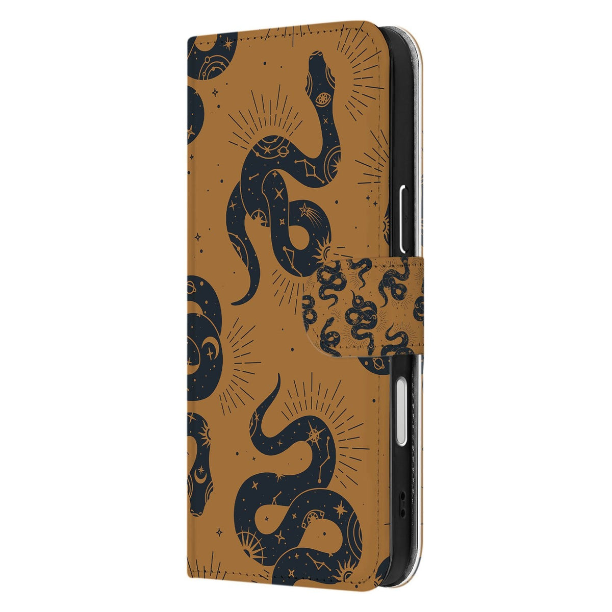 De zijkant van het dichtgeklapte Snakes klaphoesje om een iPhone 18 Pro Max
