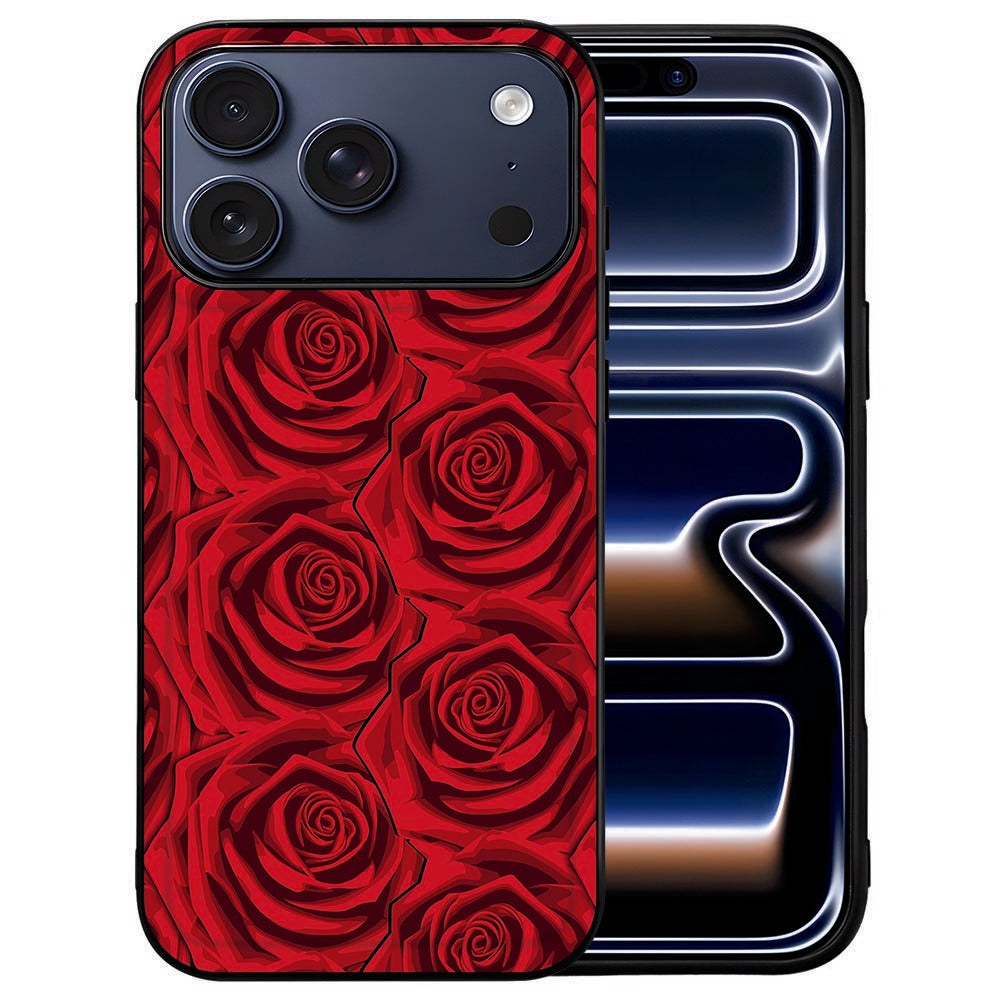 Dieprode rozen op zwart op de achterkant van het Red Roses iPhone 18 Pro hoesje
