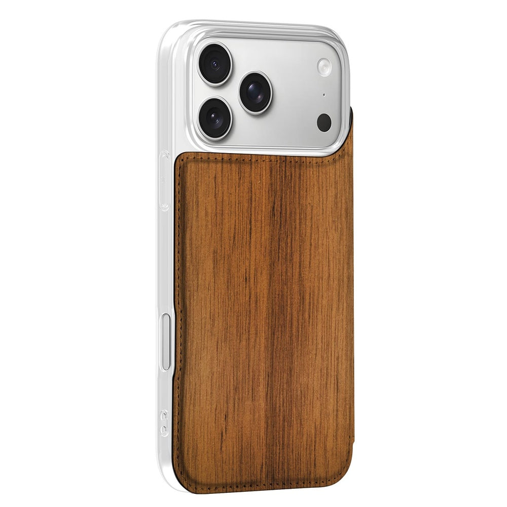 Apple iPhone 18 Pro Book Wallet Case Donker Hout zijaanzicht houten design