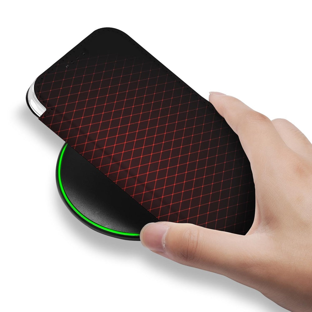 Book Wallet Case iPhone 18 Pro Geruit Rood hand aanzicht oplader draadloos