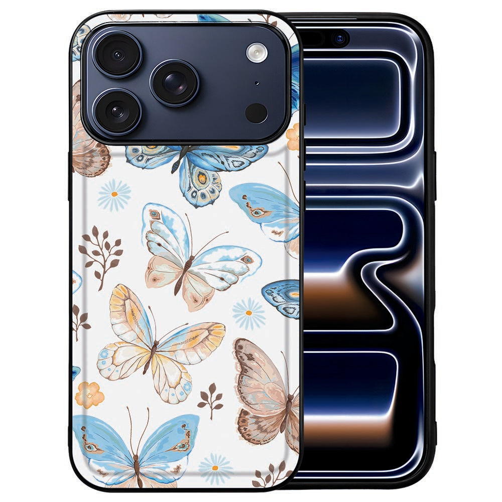 Blauwe vlinder met witte en bruine details op de achterkant van het iPhone 18 Pro hoesje Vlinder