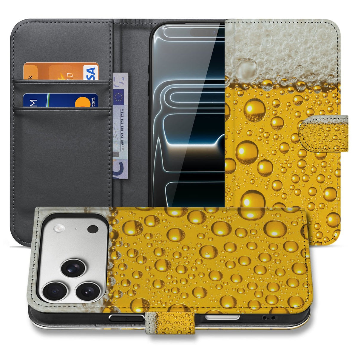 iPhone 18 Pro boekhoesje met pasjes Bier, open en dicht naast elkaar met geel-witte bierprint