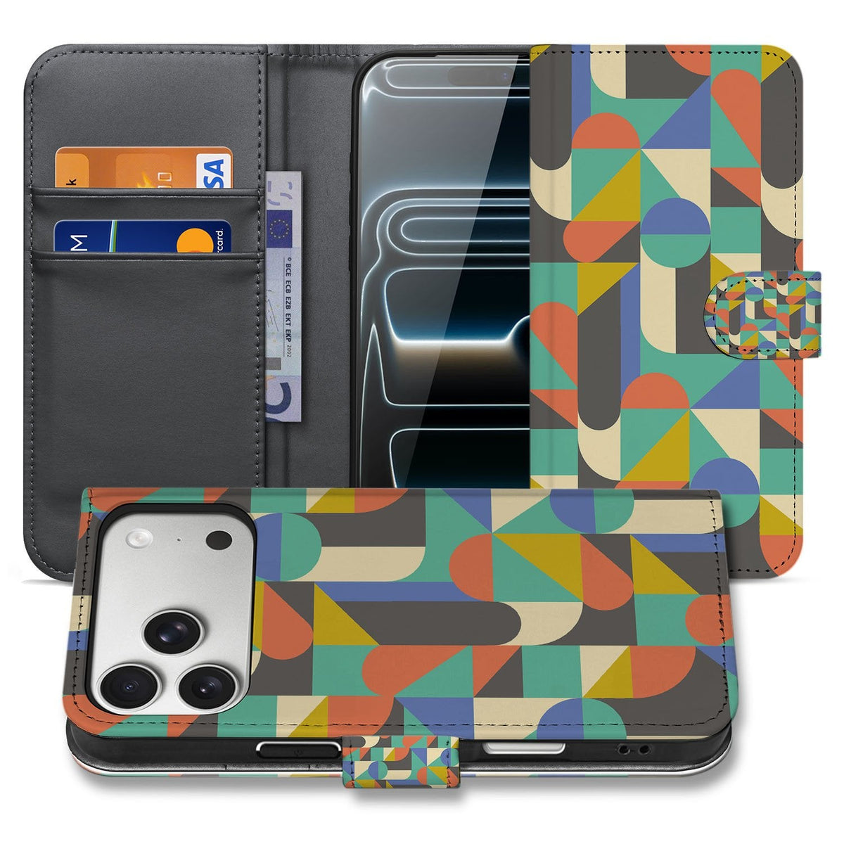 Funky Retro boekhoesje met pasjes voor de iPhone 18 Pro, open en dicht naast elkaar afgebeeld