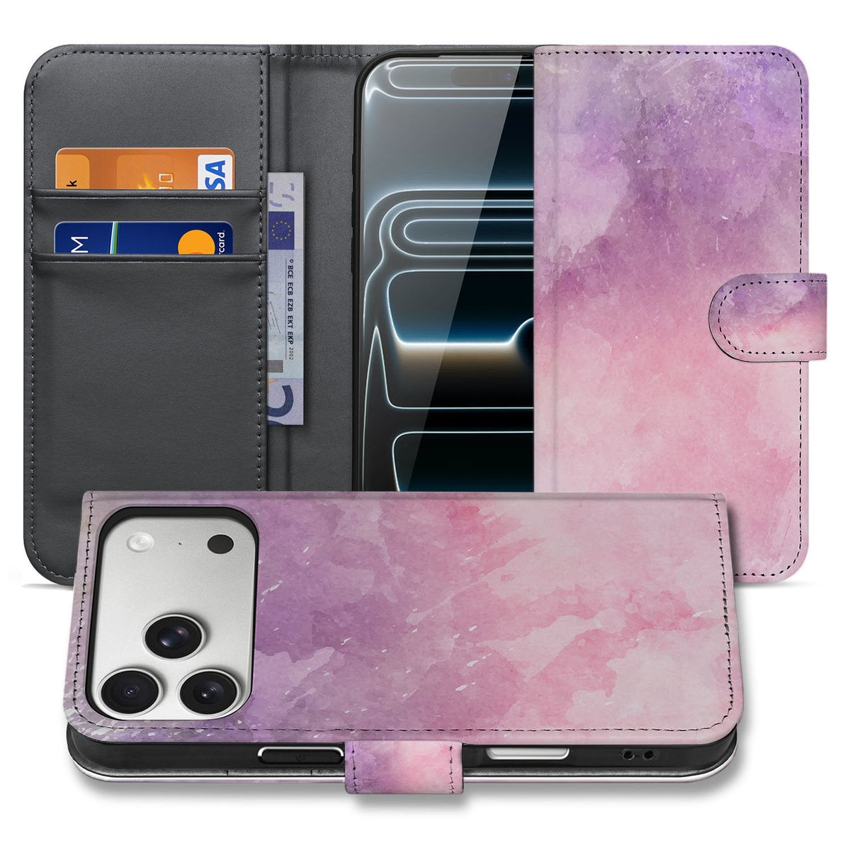 Pink Purple Paint boekhoesje met pasjes voor iPhone 18 Pro, open en dicht getoond