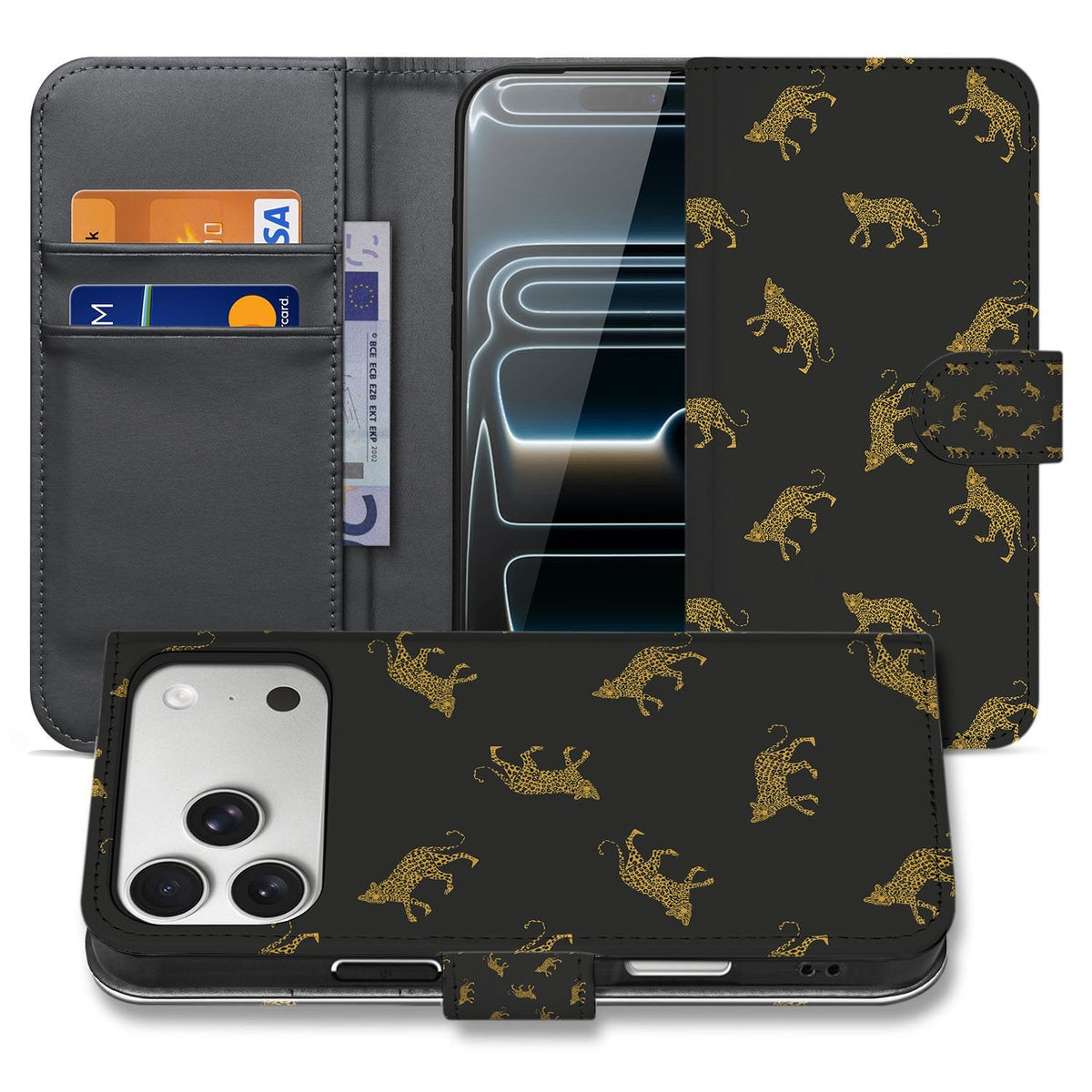 iPhone 18 Pro boekhoesje met pasjes Leopards, open en gesloten naast elkaar