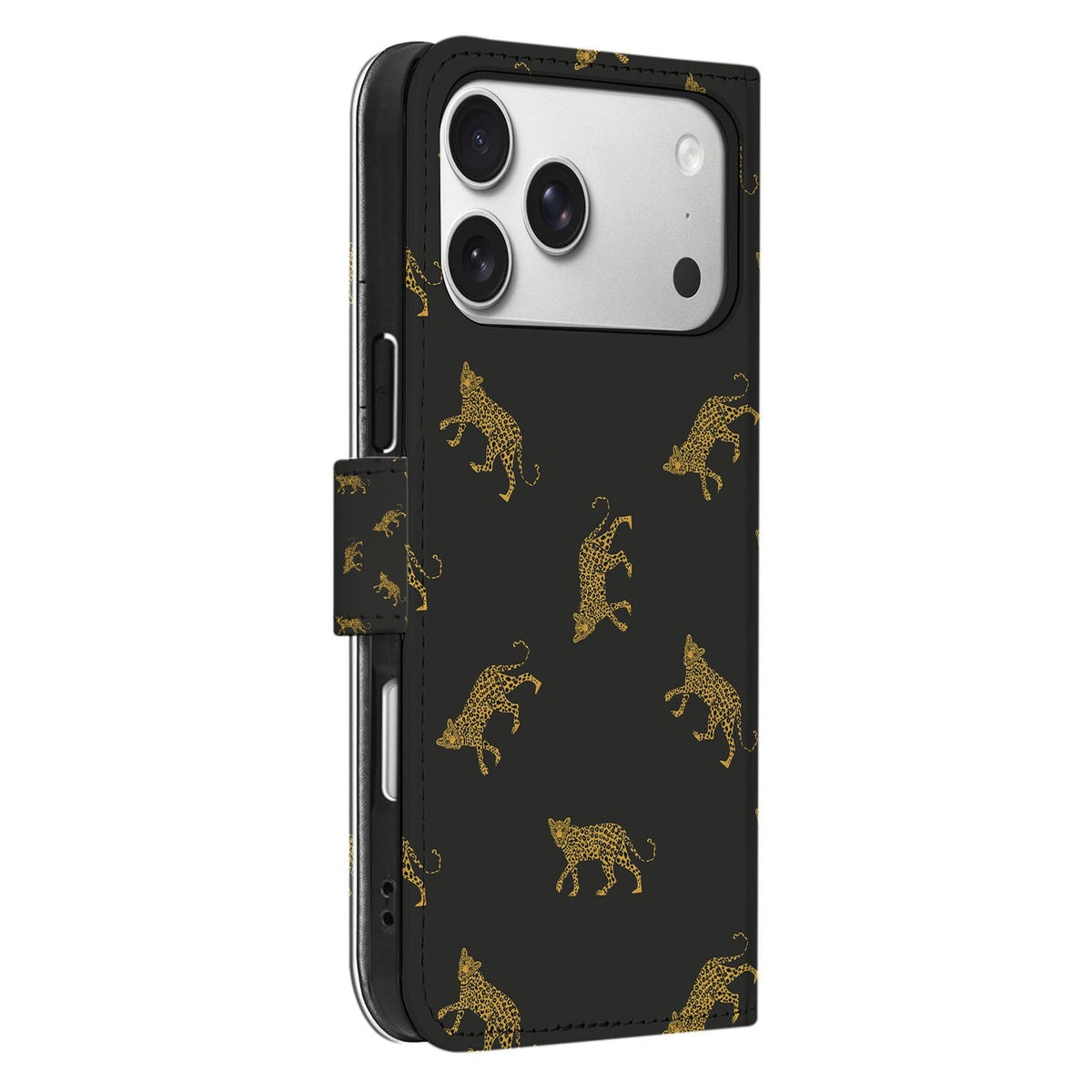 Zijaanzicht van het iPhone 18 Pro bookcase Leopards in zwart en goud