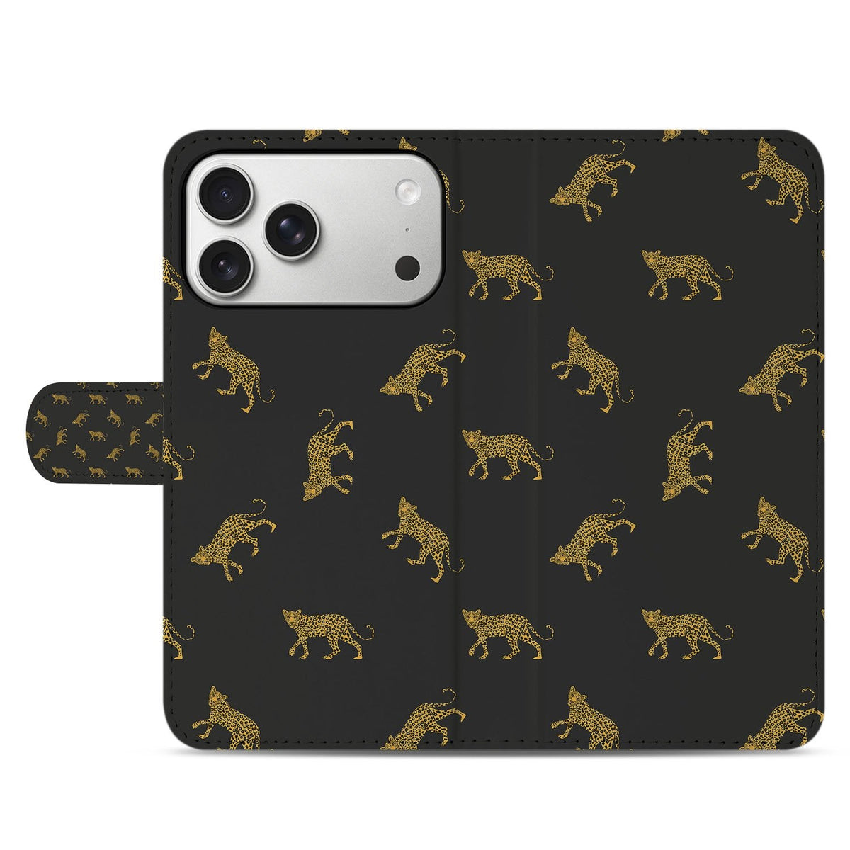 Gesloten voorkant van het Leopards boekhoesje met pasjes voor iPhone 18 Pro, luipaardprint