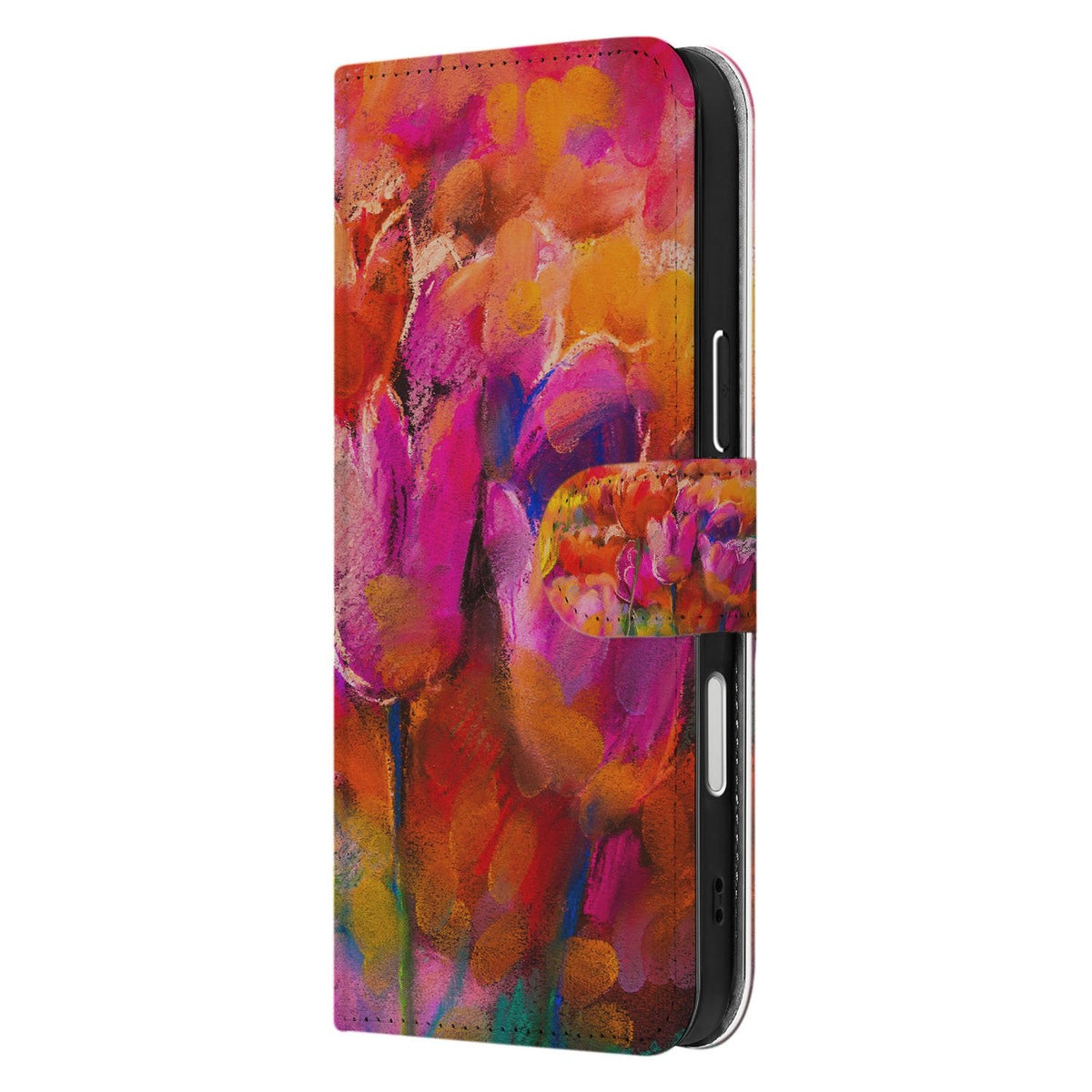Zijkant van het Tulips boekhoesje met pasjes voor de iPhone 18 Pro