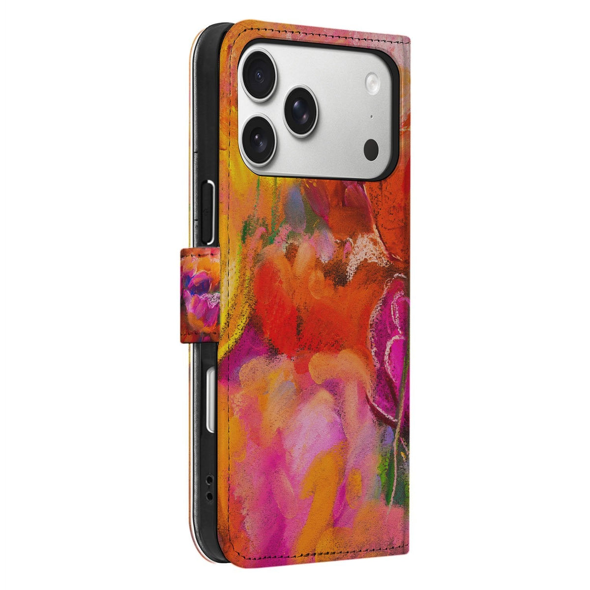 Zijaanzicht van de iPhone 18 Pro bookcase Tulips met sluitlip