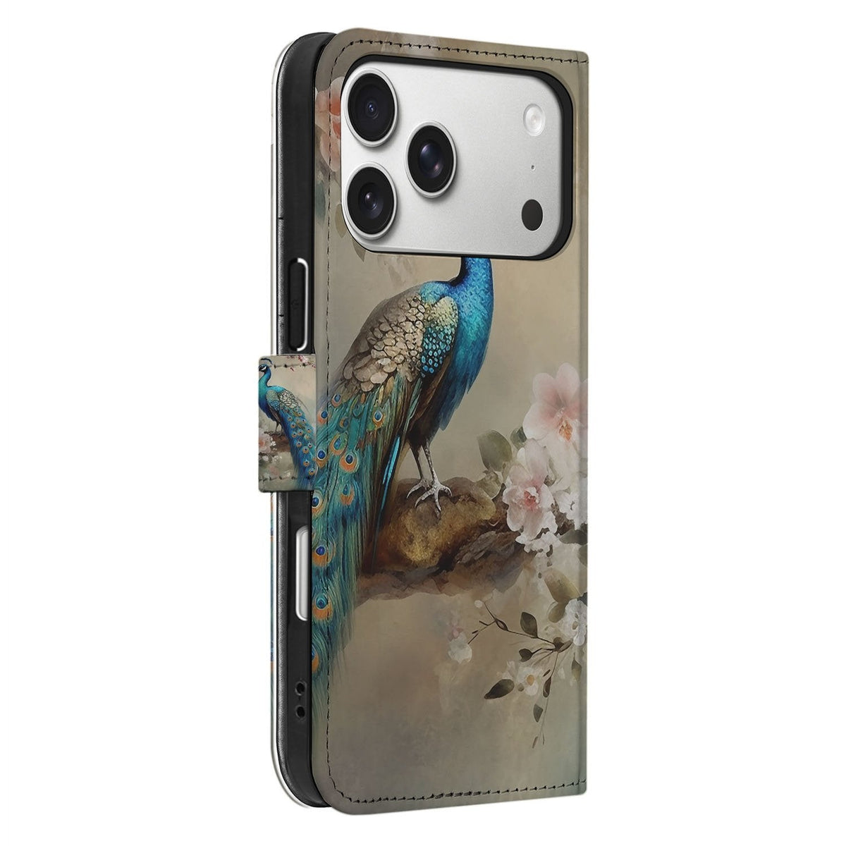 Zijaanzicht van het iPhone 18 Pro boekhoesje met pasjes Vintage Pauwen met zwarte TPU-houder