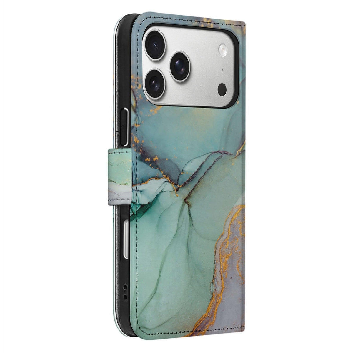 Zijaanzicht van de iPhone 18 Pro Watercolor Mix bookcase met kunstleren klep en TPU-houder