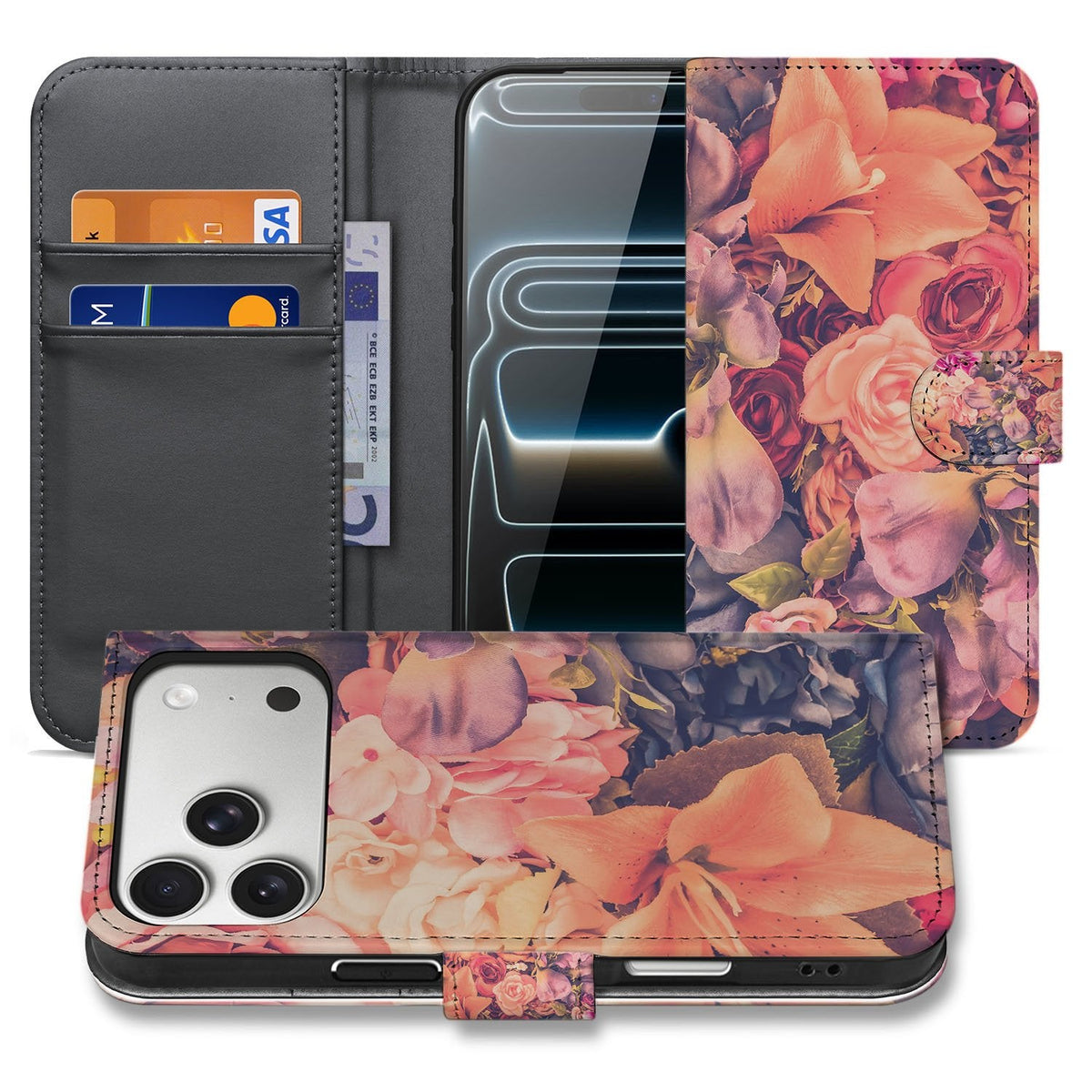 Bookcase hoesje Bosje Bloemen voor iPhone 18 Pro, overzicht open en dicht