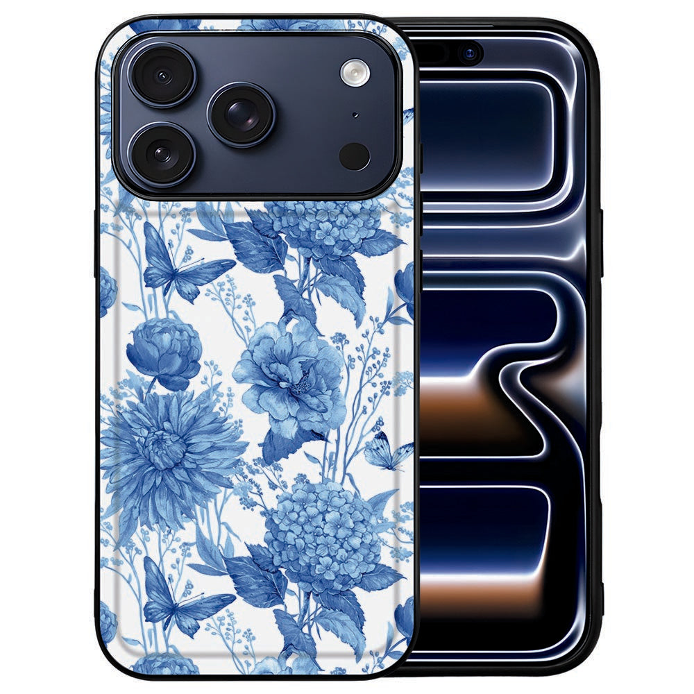 Blauwe bloemenprint op de kunstleren achterkant van het iPhone 18 Pro hoesje Flowers Blue