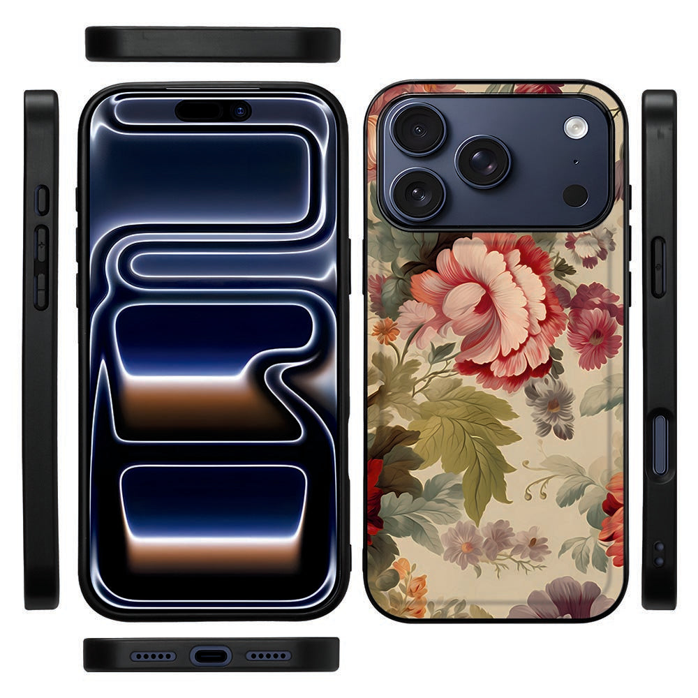 Zwarte rand van de Bloemen back cover voor iPhone 18 Pro, gefotografeerd van opzij