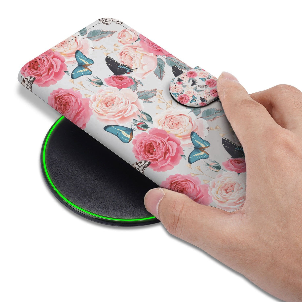 Butterfly Roses hoesje met pasjeshouder voor iPhone 18 Pro vastgehouden in de hand