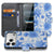 iPhone 18 Pro hoesje met pasjeshouder Flowers Blue, geopend en gesloten in beeld