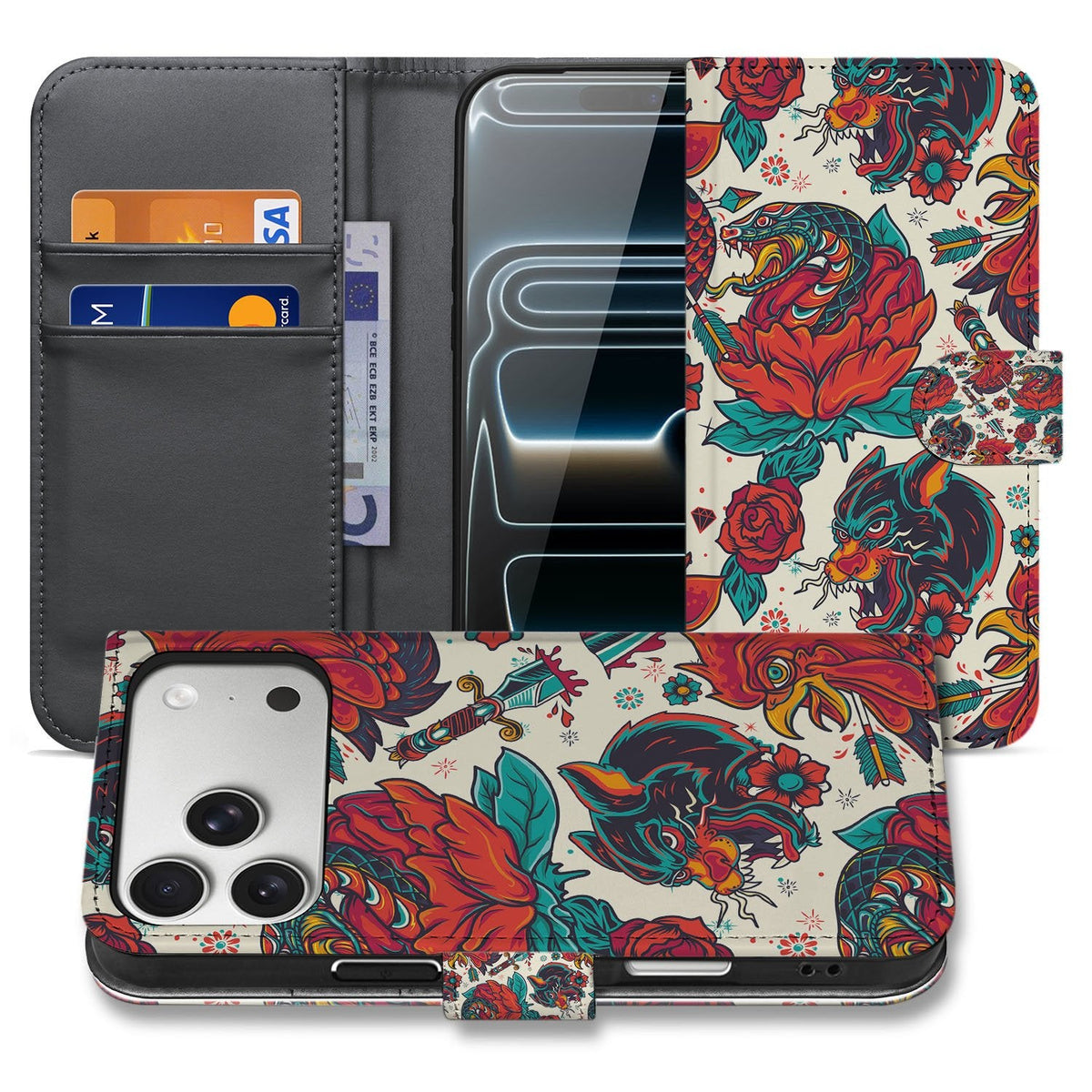 iPhone 18 Pro hoesje met pasjeshouder Old Skool, opengeklapt en dichtgeklapt naast elkaar