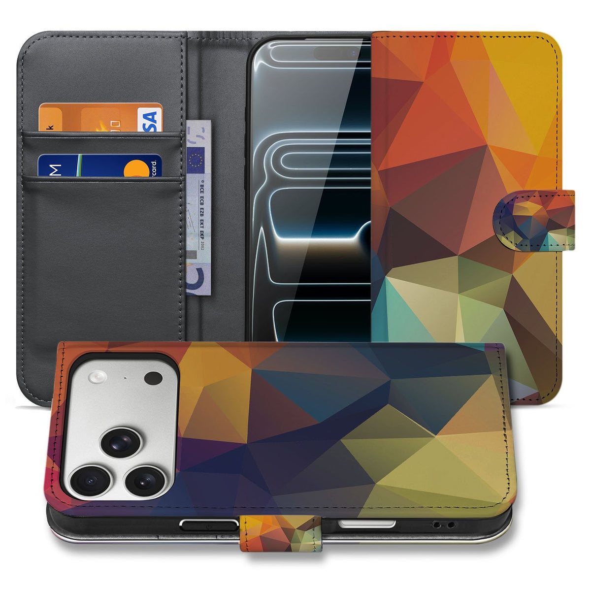 iPhone 18 Pro hoesje met pasjeshouder Polygon Color, open en dicht met geometrisch driehoekspatroon