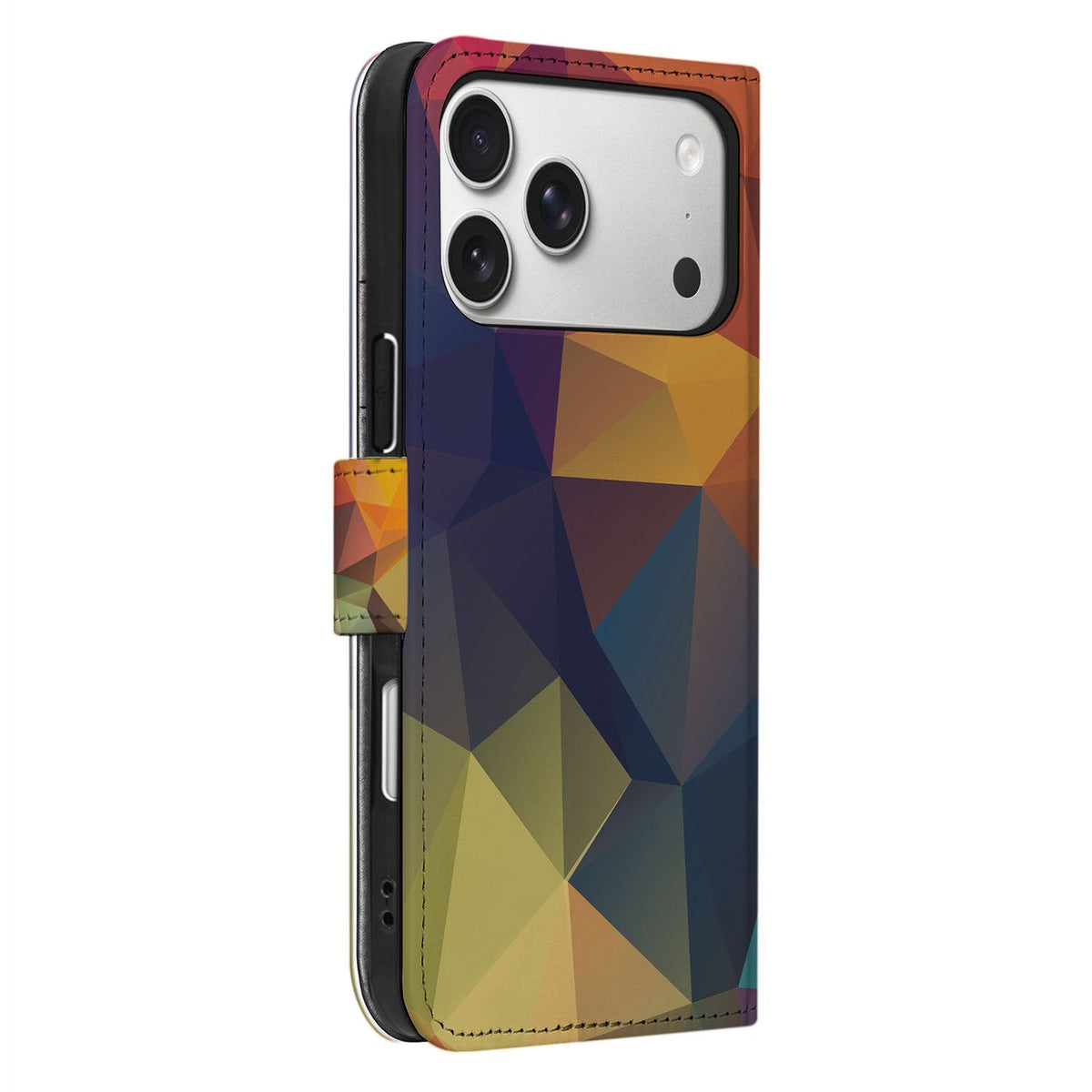 Zijaanzicht van het Polygon Color klaphoesje voor de iPhone 18 Pro met kunstleren rug
