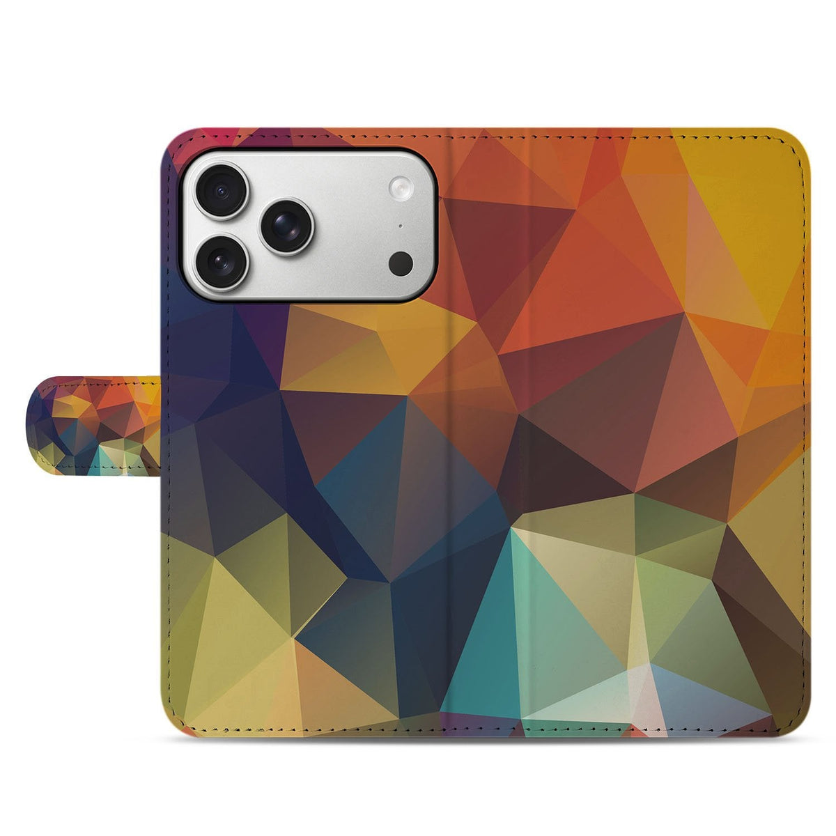 Gesloten voorkant van de Polygon Color bookcase voor de iPhone 18 Pro met kleurrijke driehoeken