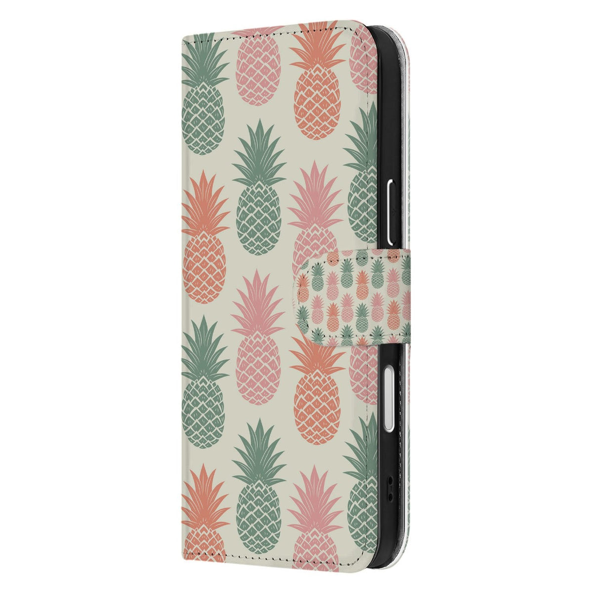 Zijkant van de iPhone 18 Pro Ananas bookcase met de magnetische sluitlip in beeld
