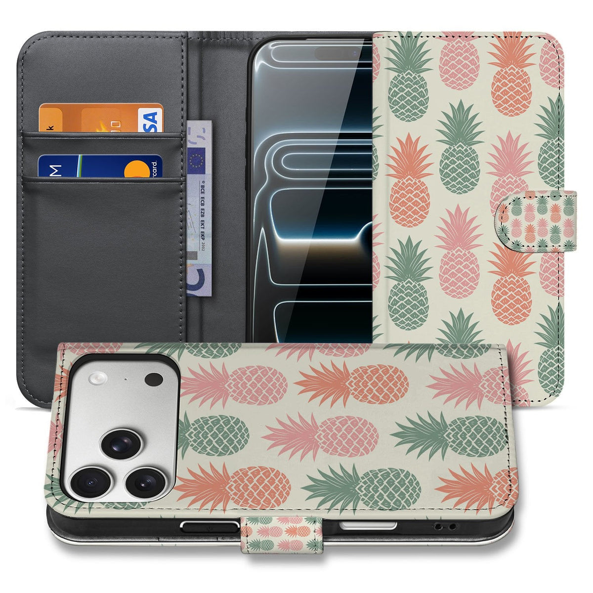 iPhone 18 Pro hoesje met pasjeshouder Ananas, open en dicht naast elkaar met roze en groene print