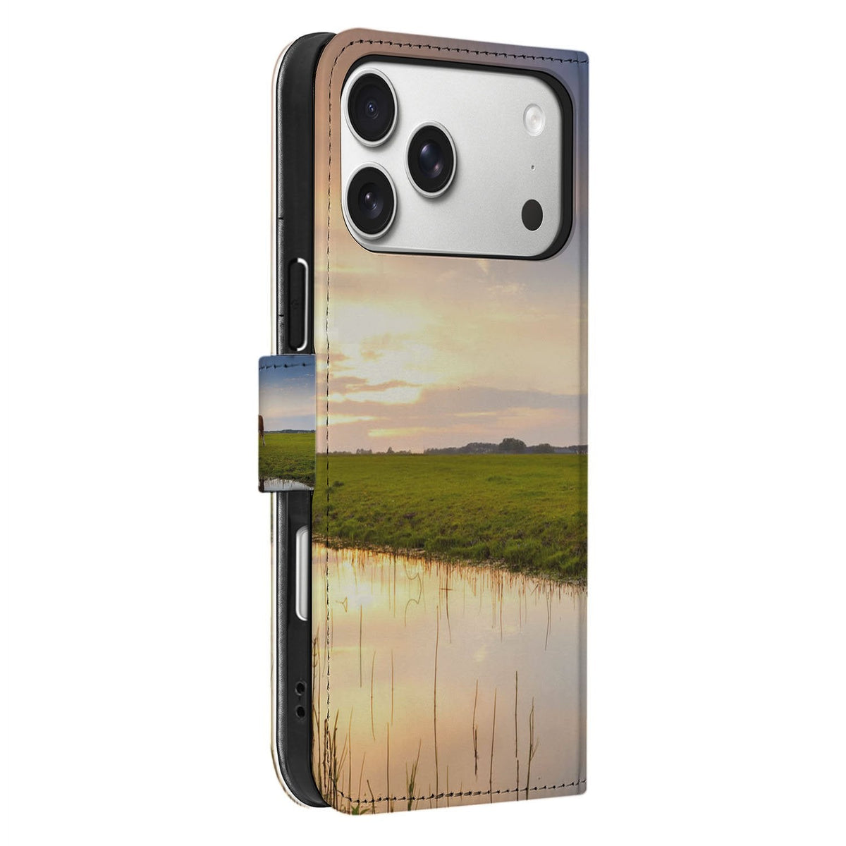 Zijaanzicht van het iPhone 18 Pro Koe klaphoesje met de klep gesloten