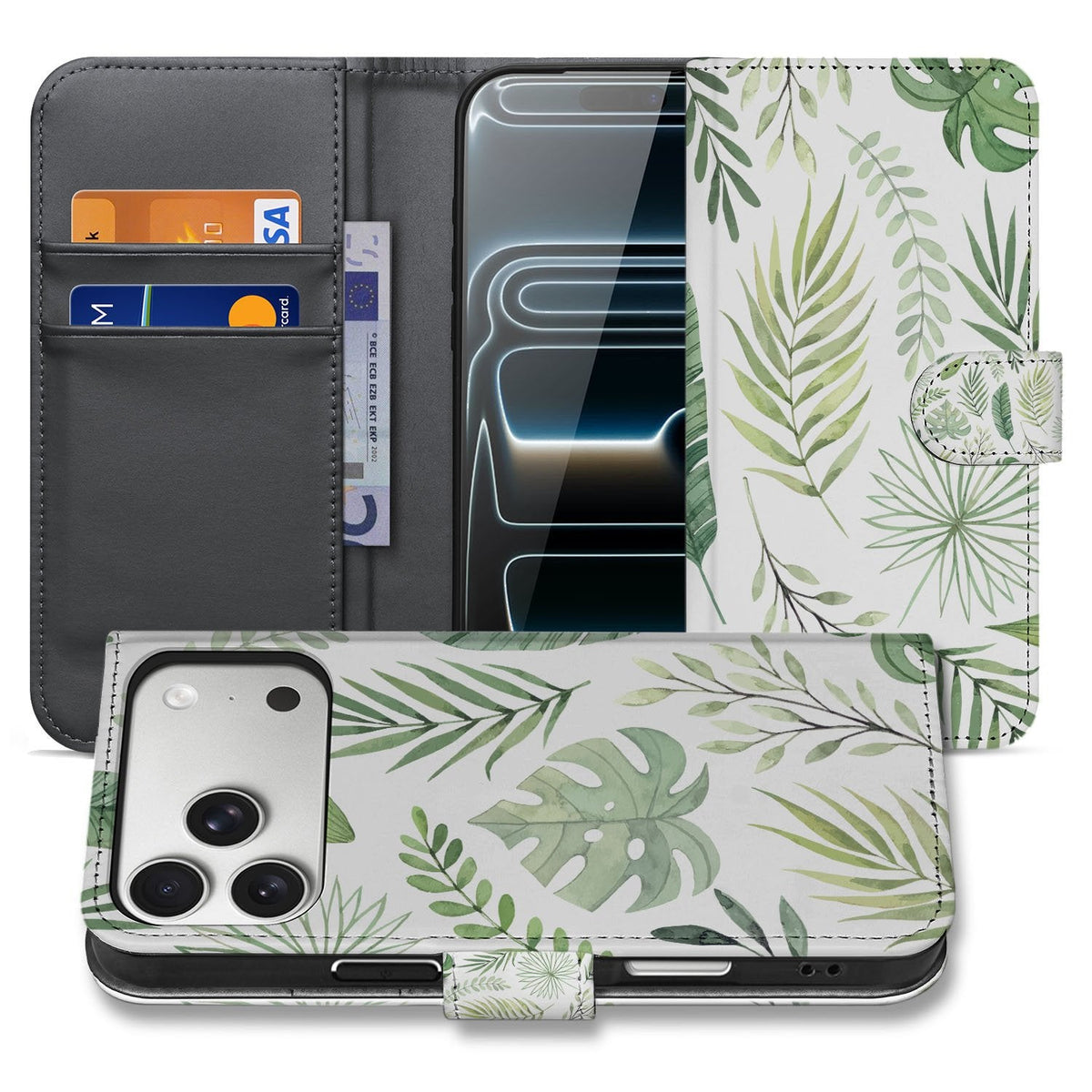 Leaves hoesje met pasjeshouder voor iPhone 18 Pro, open en dicht naast elkaar