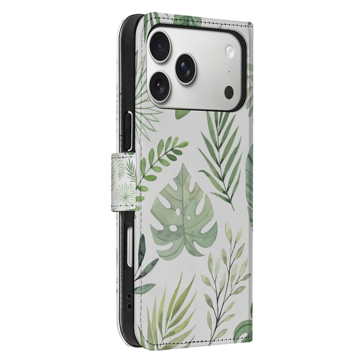 Zijaanzicht van de dichte Leaves bookcase voor de iPhone 18 Pro