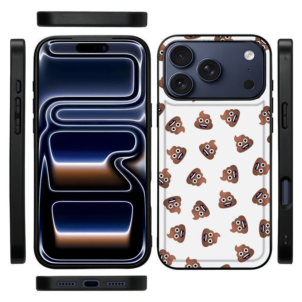 Zwarte rand van het Poep Emojis hoesje voor iPhone 18 Pro, zijaanzicht met knoppen