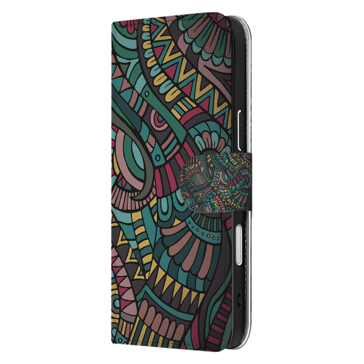 Zijkant van het iPhone 18 Pro portemonnee hoesje Aztec met de magnetische sluitlip