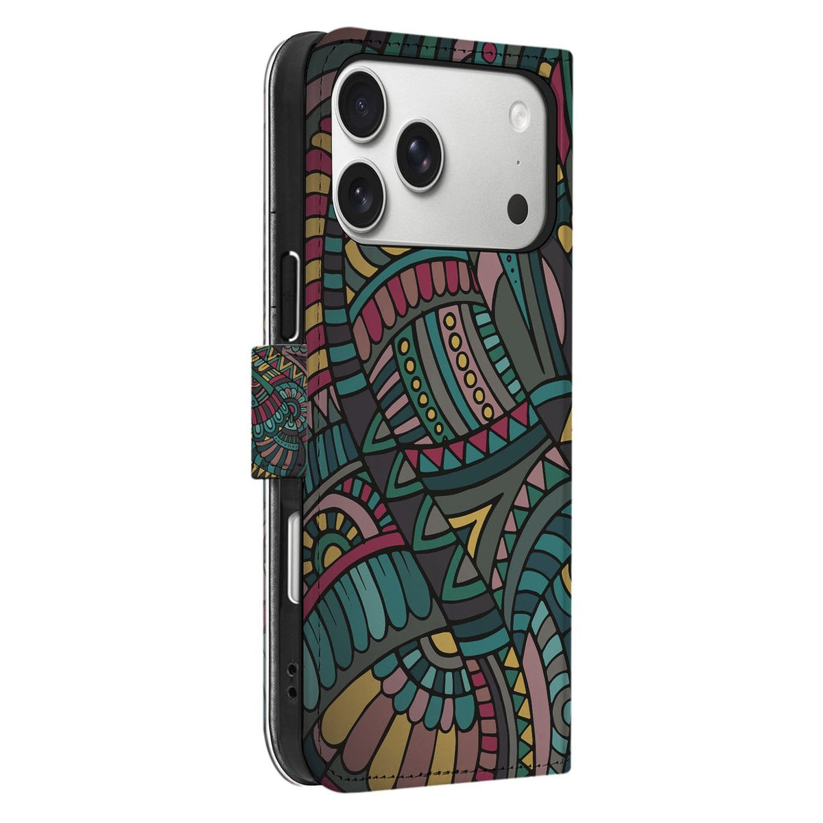 Zijaanzicht van de iPhone 18 Pro bookcase Aztec met zwarte TPU-houder en kunstleren klep