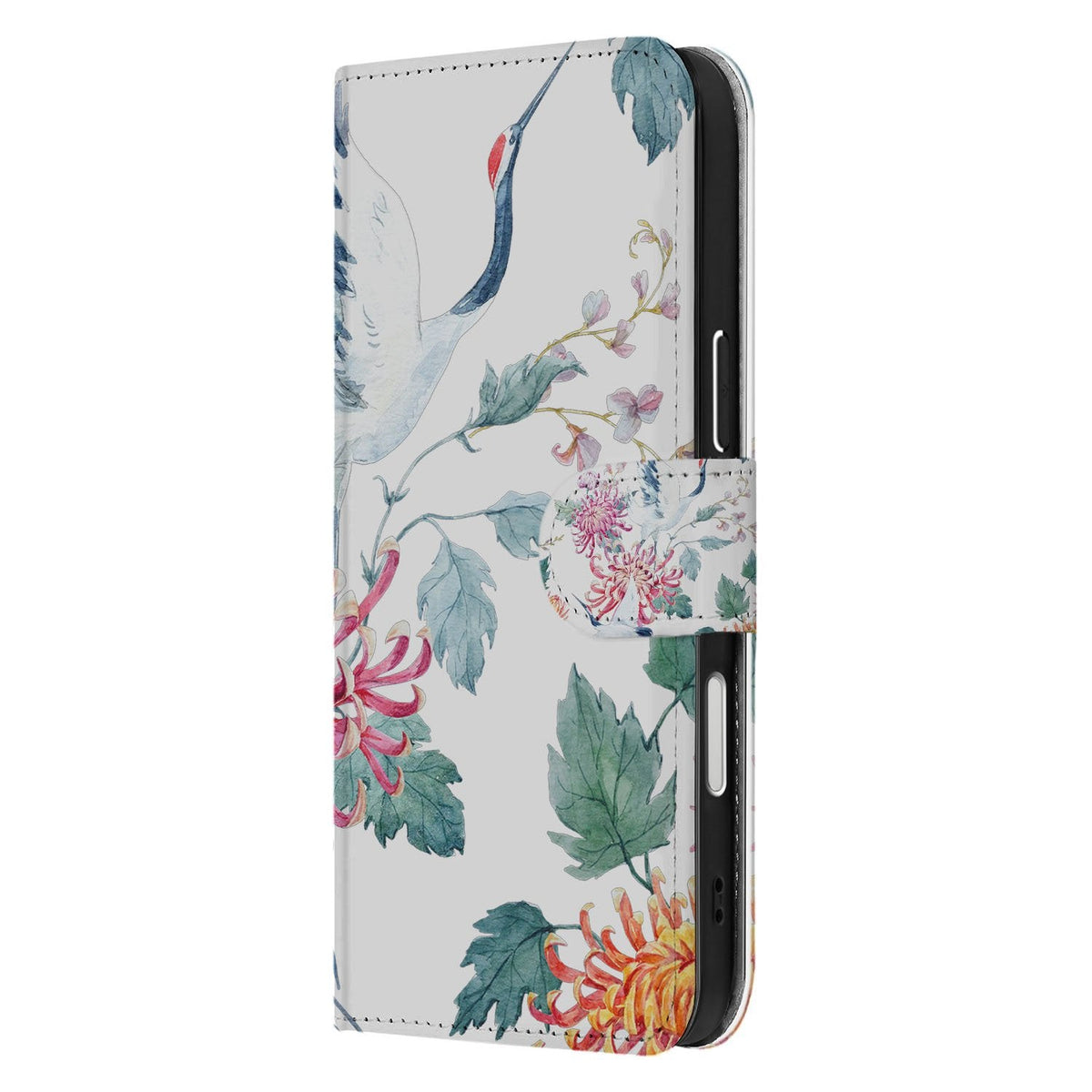 Zijkant van het Bird Flowers portemonnee hoesje met magnetische sluitlip, iPhone 18 Pro