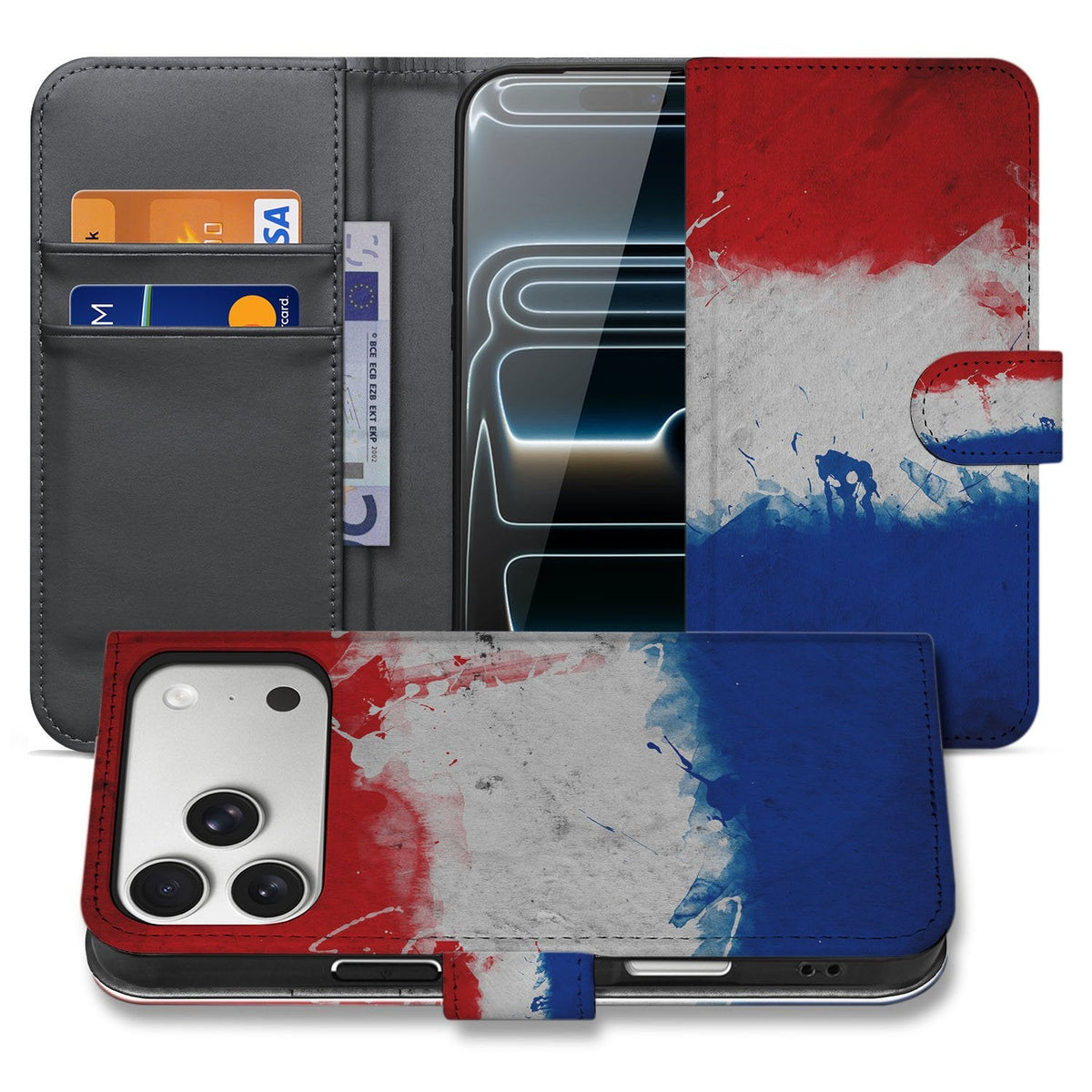 iPhone 18 Pro portemonnee hoesje Nederland open en dicht, rood-wit-blauwe vlag op de klep