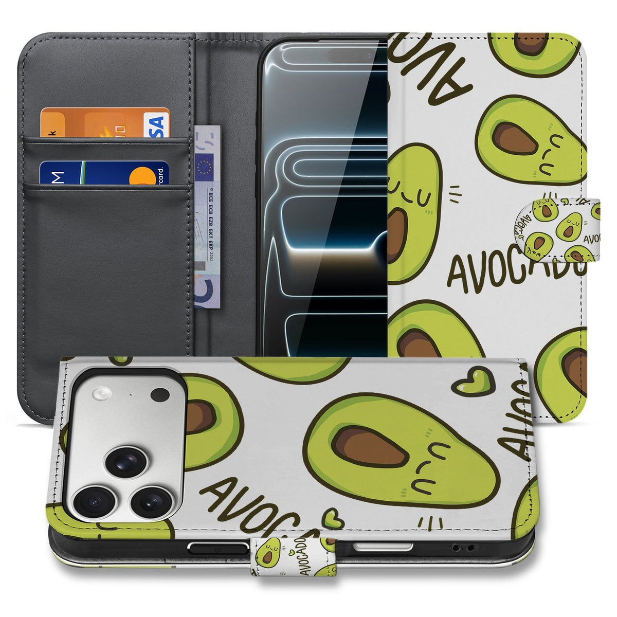 iPhone 18 Pro portemonnee hoesje Avocado Singing, open en dicht naast elkaar