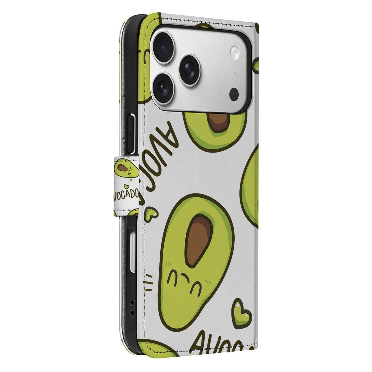 Zijaanzicht van het iPhone 18 Pro bookcase hoesje met Avocado Singing print