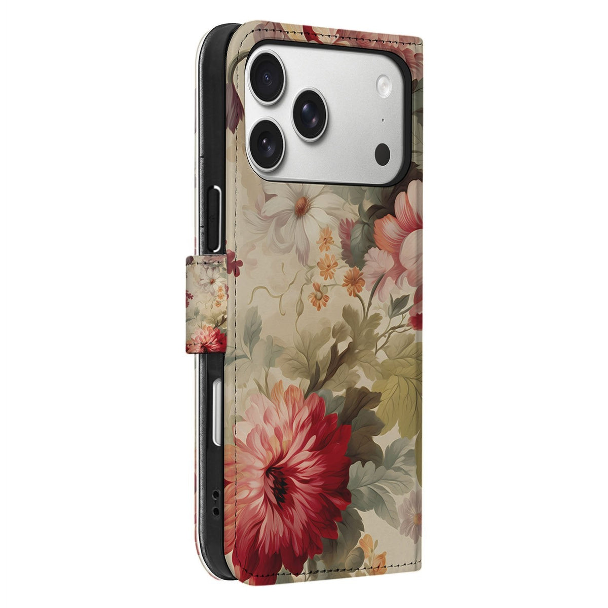 Zijaanzicht van het iPhone 18 Pro portemonnee hoesje Bloemen met de klep dicht