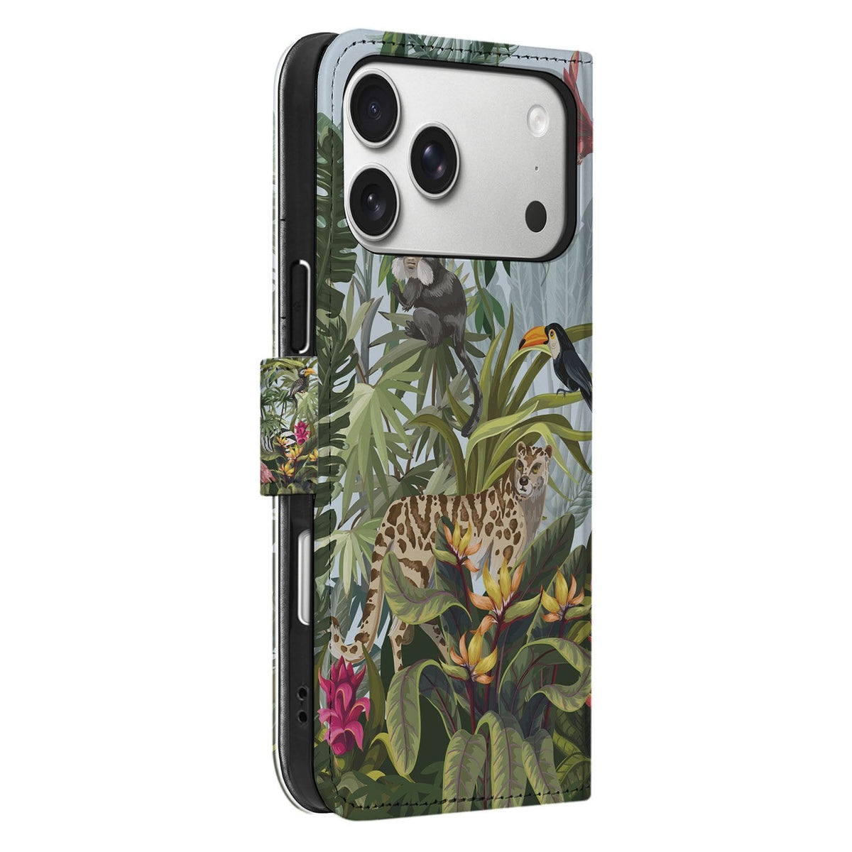 Zijaanzicht van de gesloten Jungle bookcase voor de iPhone 18 Pro