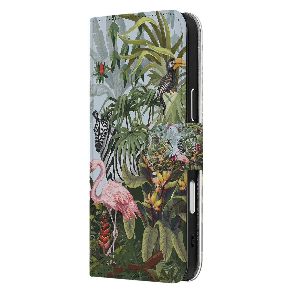 Zijkant van het iPhone 18 Pro portemonnee hoesje Jungle met sluitlip