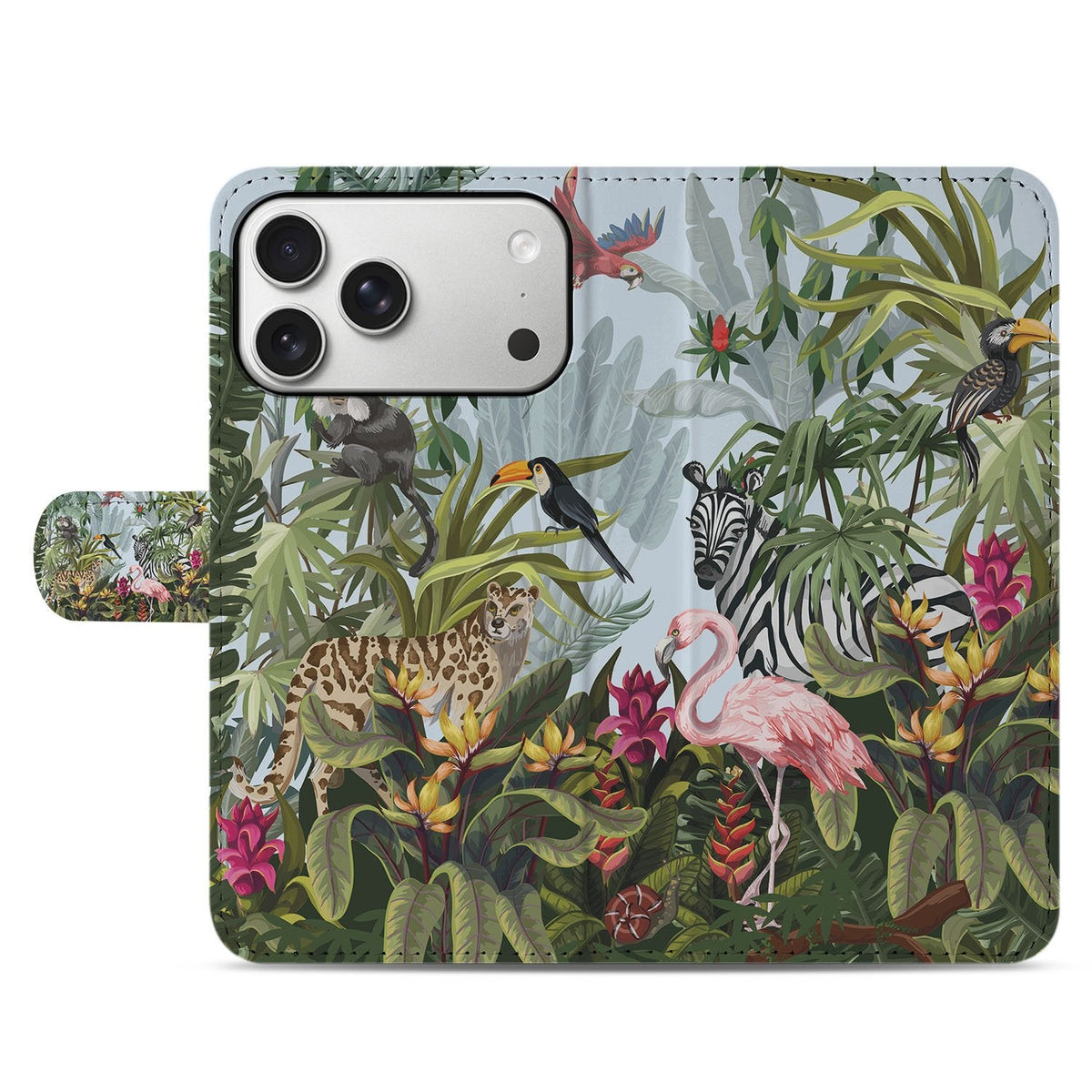 Gesloten voorkant van het Jungle bookcase hoesje voor de iPhone 18 Pro