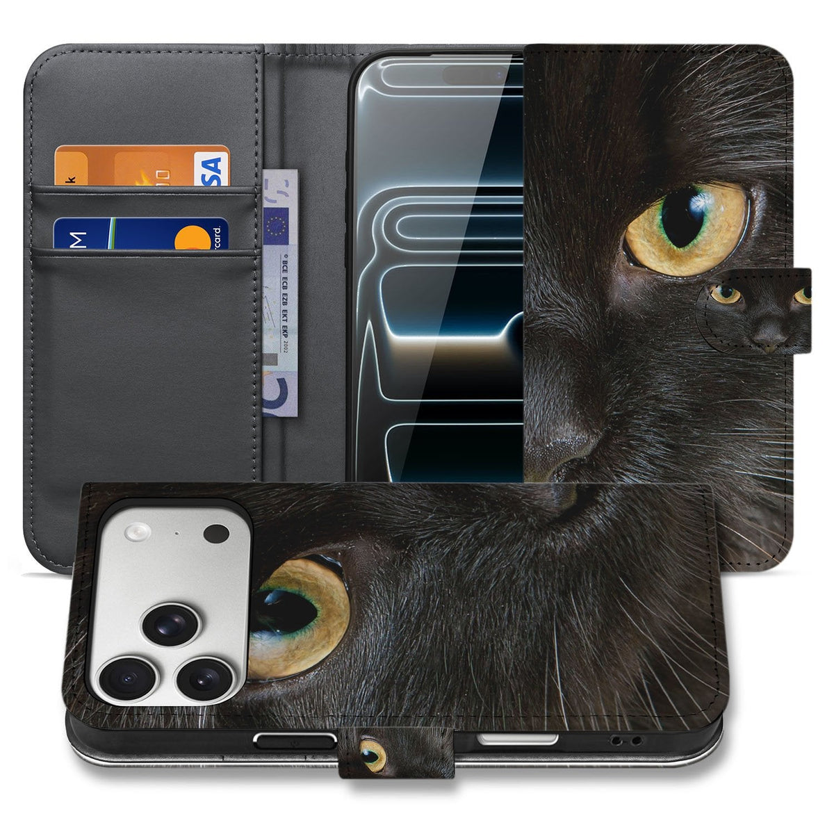 iPhone 18 Pro portemonnee hoesje Zwarte Kat, open en dicht naast elkaar met kleurrijke kat op zwart