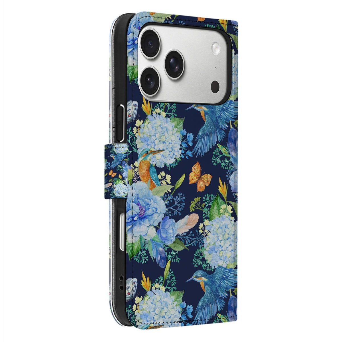 Zijaanzicht van de iPhone 18 Pro IJsvogel bookcase met kunstleren klep en TPU-houder