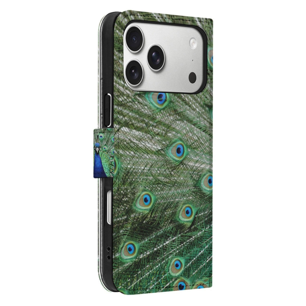 Zijaanzicht van het Pauw bookcase hoesje voor de iPhone 18 Pro, veren op de rug