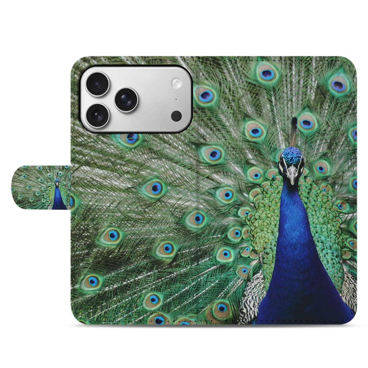 Voorkant van het gesloten Pauw wallet hoesje voor de iPhone 18 Pro met pauwenveren